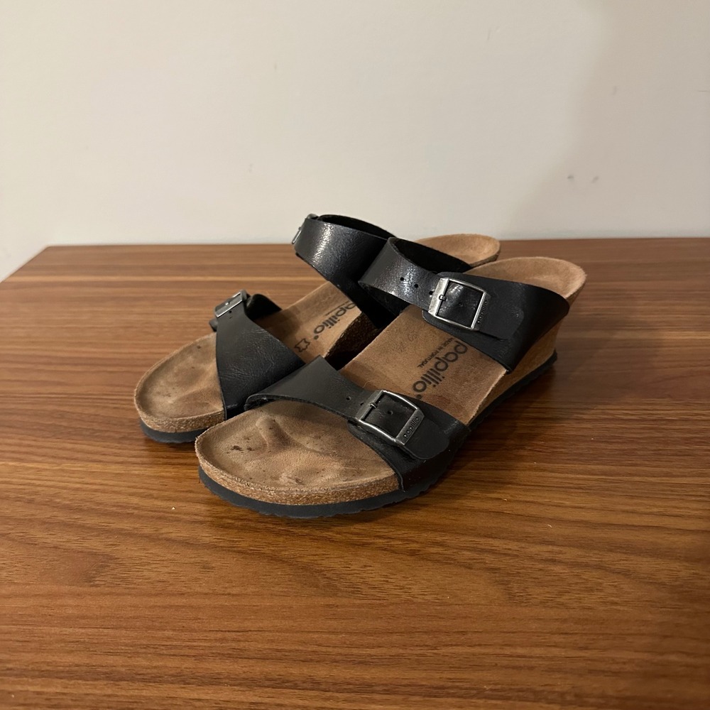 Papillio by Birkenstock Lana Black Leather Wedge Sandals Womens 41
